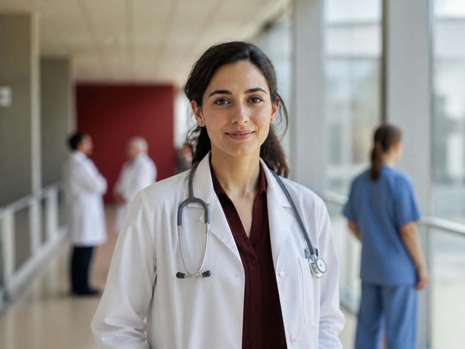 A doctor in a white coat in a European teaching hospital corridor